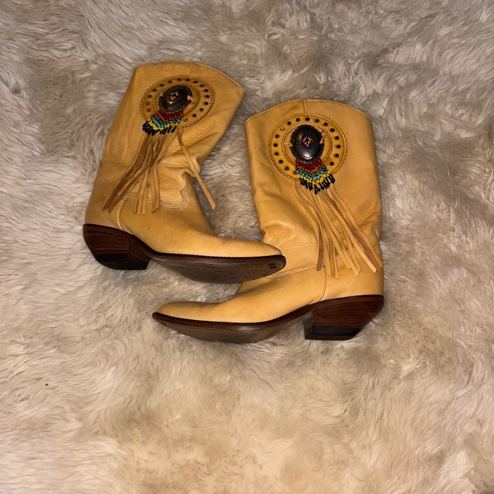 80s Authentic Leather Zodiac Tan Fringe Western Boots